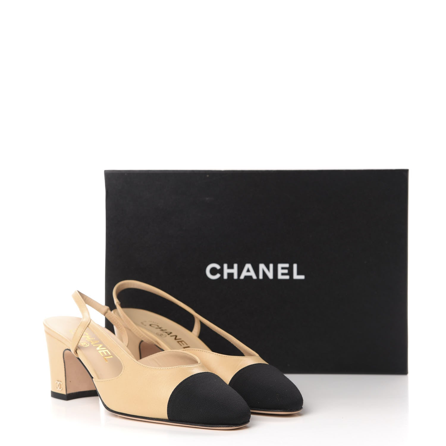 Chanel Goatskin Grosgrain Cap Toe CC Slingback Pumps 37.5 Beige Black 10 of 10