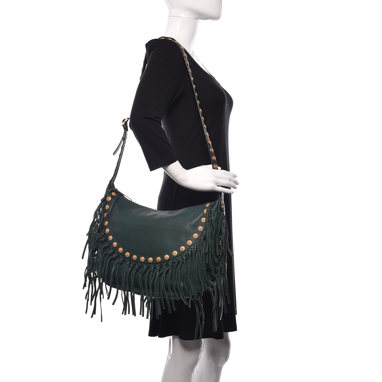 Valentino Garavani Grained Calfskin C-Rockee Fringe Hobo Light Emerald 2 of 10