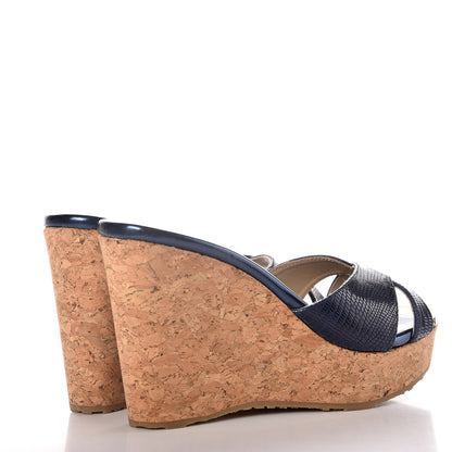 Jimmy Choo Snake Print Calfskin Embossed Cork Pandora Wedges 35.5 Navy 4 of 11
