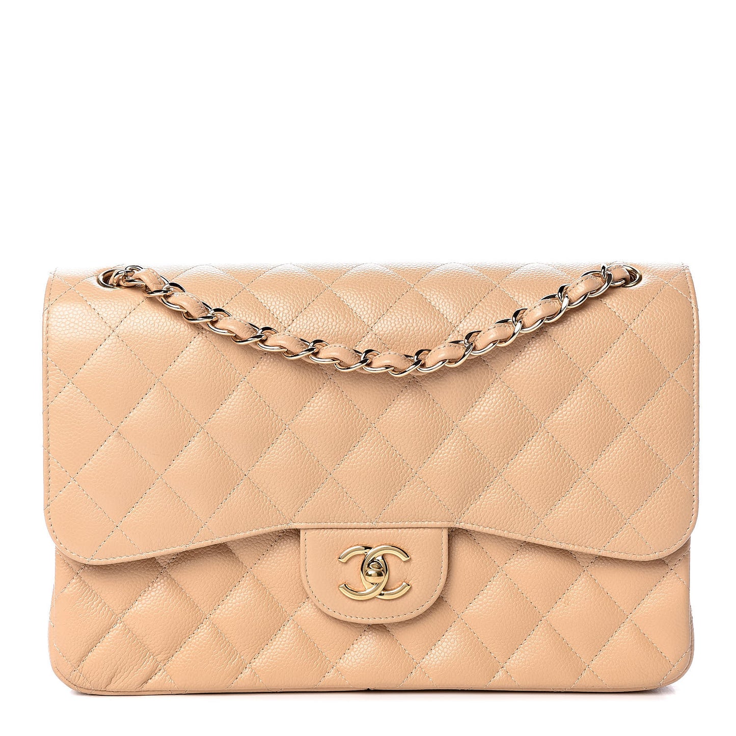 Caviar Quilted Jumbo Double Flap Beige Clair
