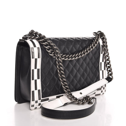 Chanel Calfskin Quilted Checkerboard Trim New Medium Boy Flap Black White 3 of 13