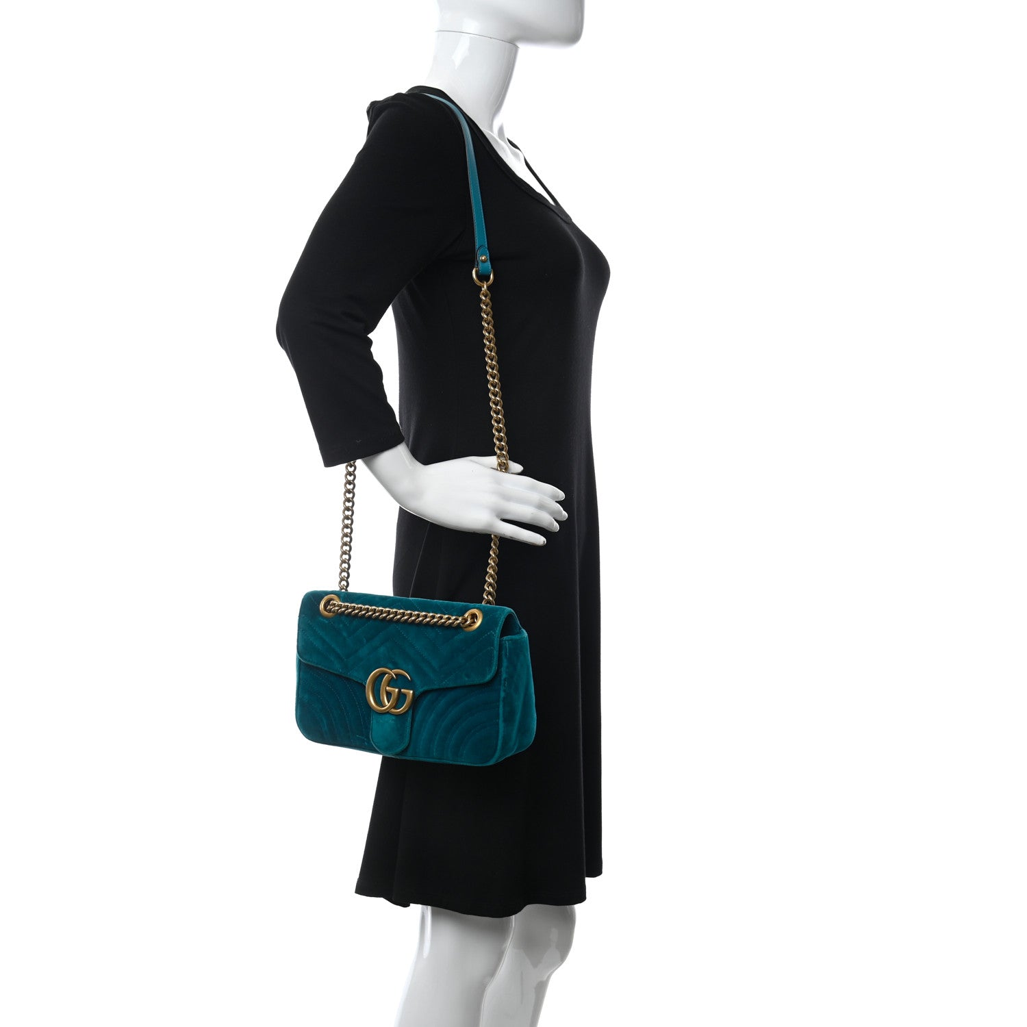 Gucci Velvet Matelasse Small GG Marmont Shoulder Bag Pavone Cyan 2 of 11