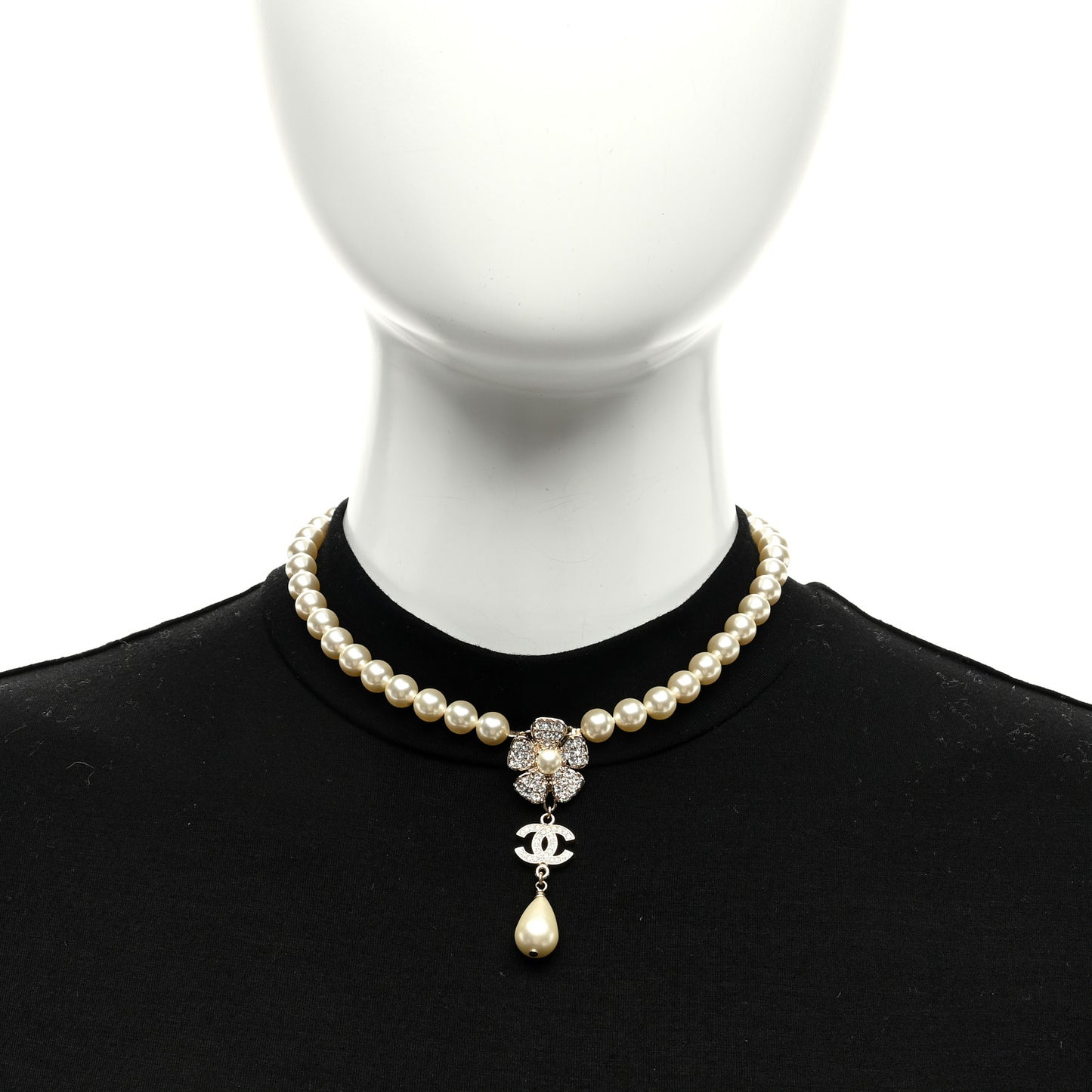 Pearl Crystal CC Camellia Choker Necklace Gold
