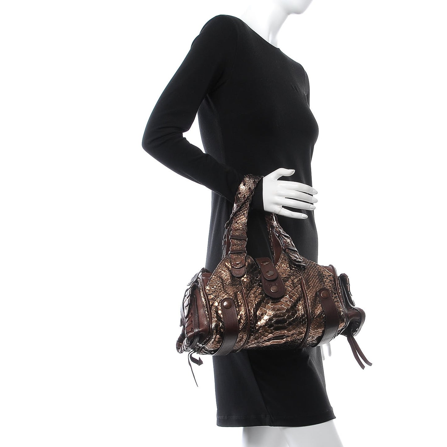 Metallic Python Calfskin Silverado Shoulder Bag Brown