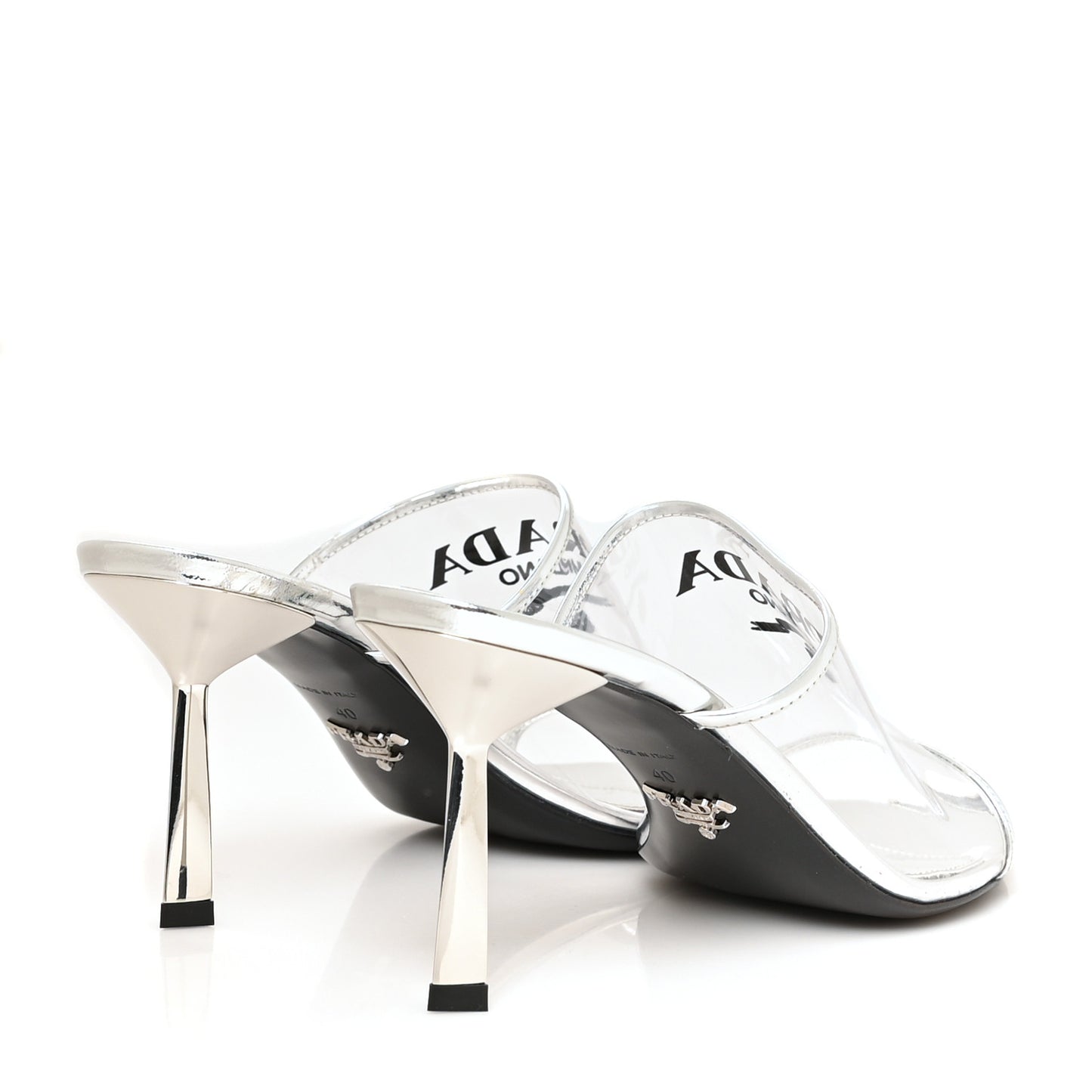Plexiglass Metallic Calfskin Metal Triangle Logo 75mm Slide Sandals 40 Argento