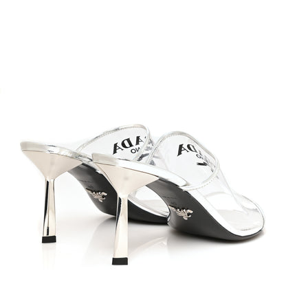 Prada Plexiglass Metallic Calfskin Metal Triangle Logo 75mm Slide Sandals 40 Argento 4 of 7