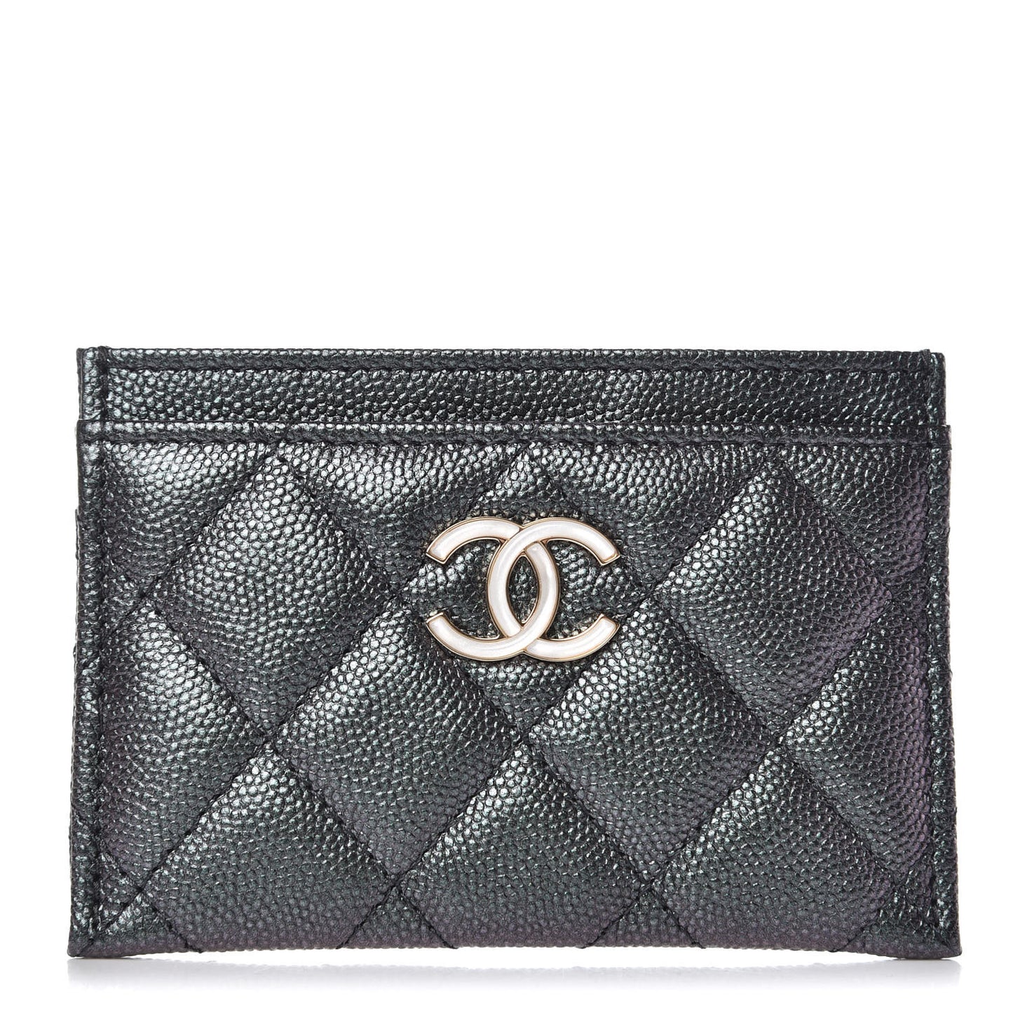 Iridescent Caviar Quilted Card Holder Black