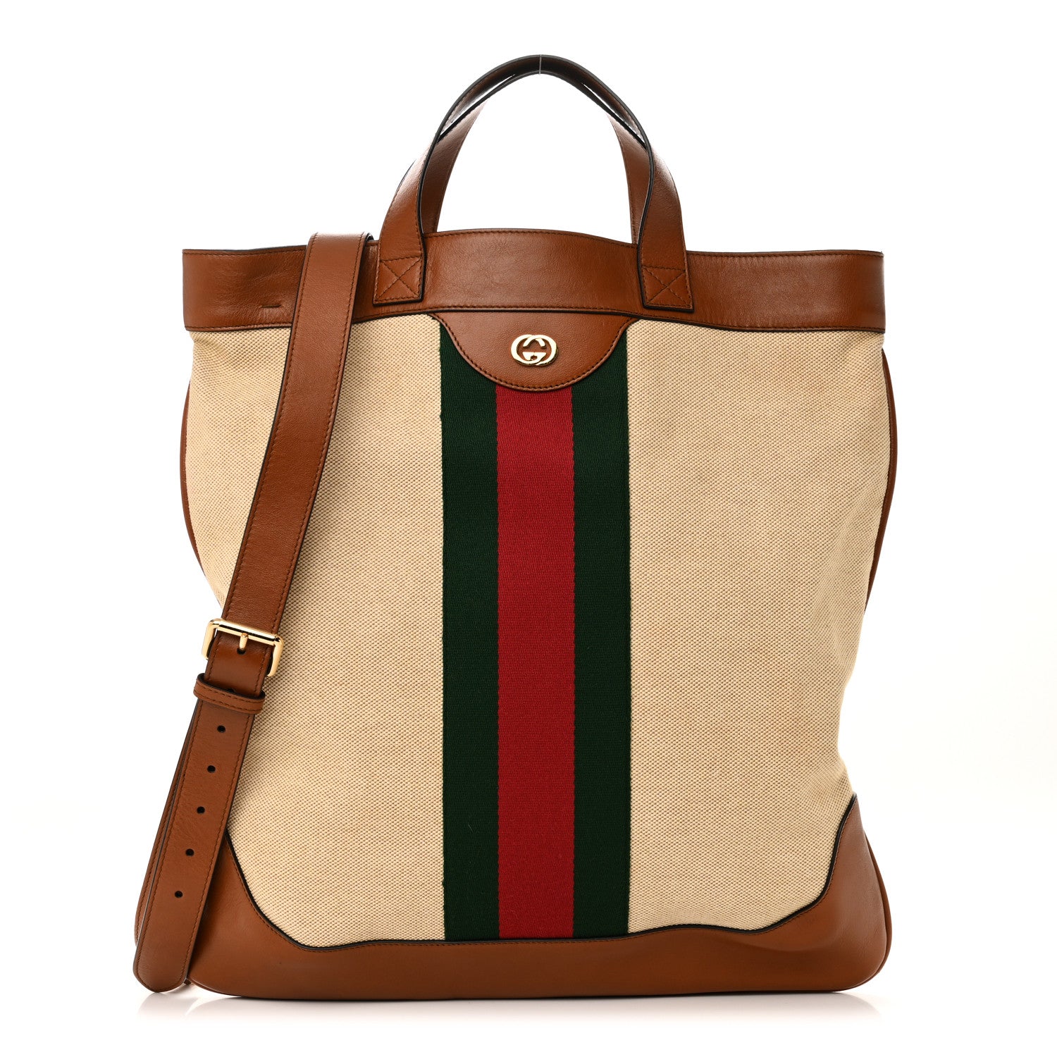 Gucci Vintage Canvas Calfskin Web Flat Tote Sand Light Cuir 1 of 10