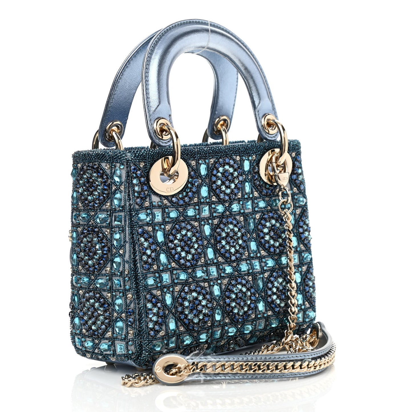 Metallic Calfskin Satin Celestial Bead Embroidery Cannage Mini Lady Dior Blue