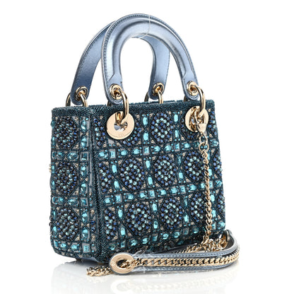 Christian Dior Metallic Calfskin Satin Celestial Bead Embroidery Cannage Mini Lady Dior Blue 3 of 9