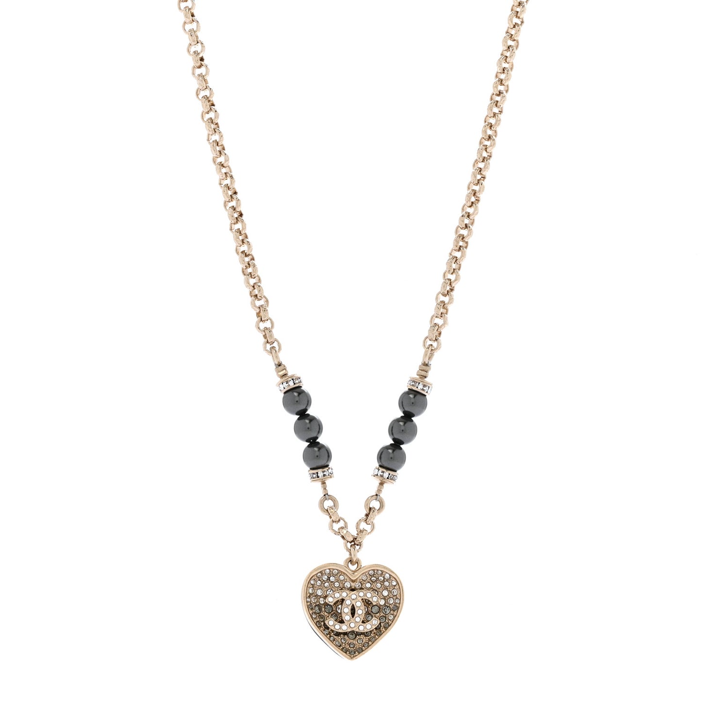 Pearl Resin Crystal Heart CC Pendant Chain Necklace Ruthenium Light Gold