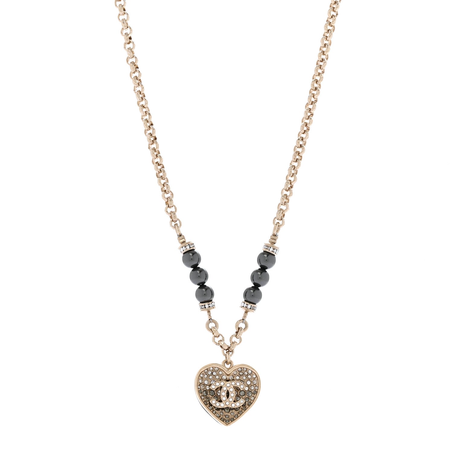 Chanel Pearl Resin Crystal Heart CC Pendant Chain Necklace Ruthenium Light Gold 1 of 5