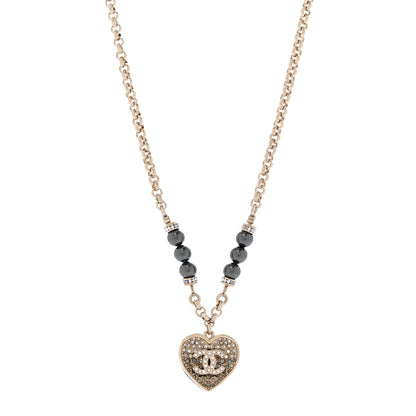 Chanel Pearl Resin Crystal Heart CC Pendant Chain Necklace Ruthenium Light Gold 1 of 5