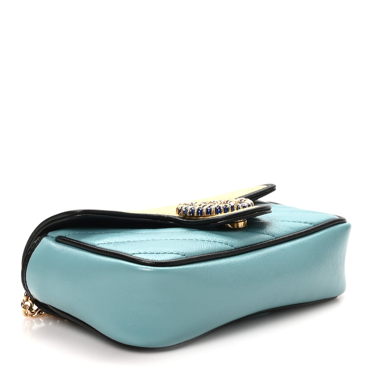Azalea Calfskin Enamel Matelasse Diagonal Super Mini Torchon GG Marmont Shoulder Bag Butter Dusty Azure Black Electric Blue