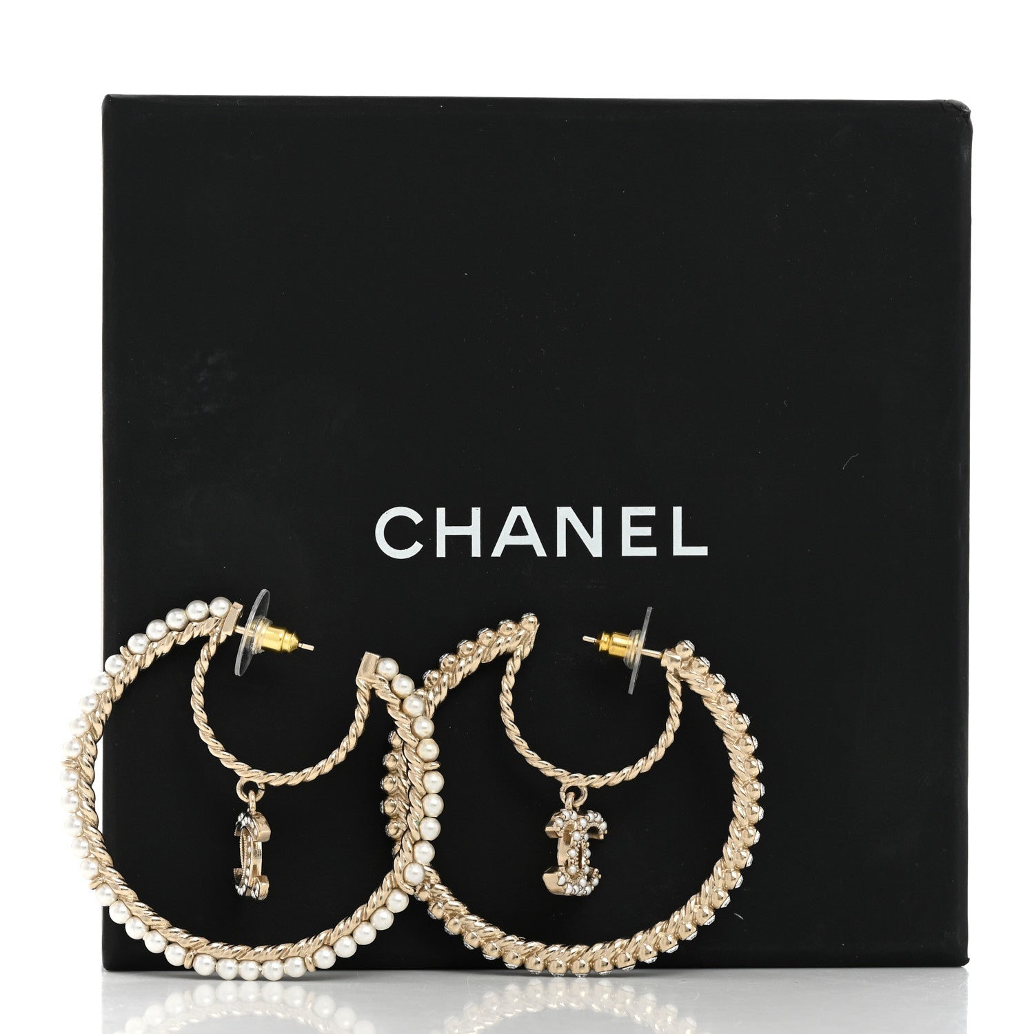 Chanel Crystal Pearl CC Drop Hoop Earrings Gold Pearly White 6 of 6