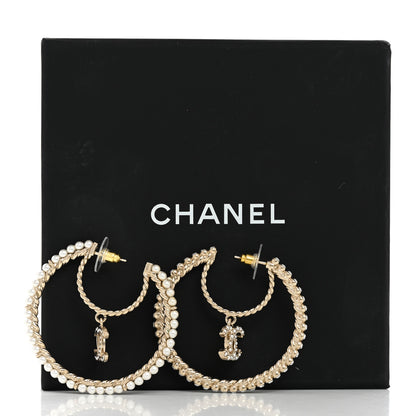 Chanel Crystal Pearl CC Drop Hoop Earrings Gold Pearly White 6 of 6