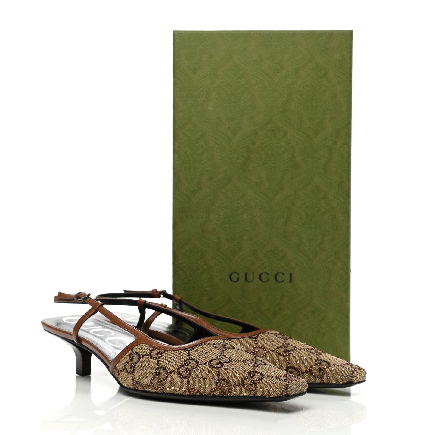 GG Monogram Malaga Kid Crystal Square G 35mm Slingback Pumps 40 Camel Ebony Cuir