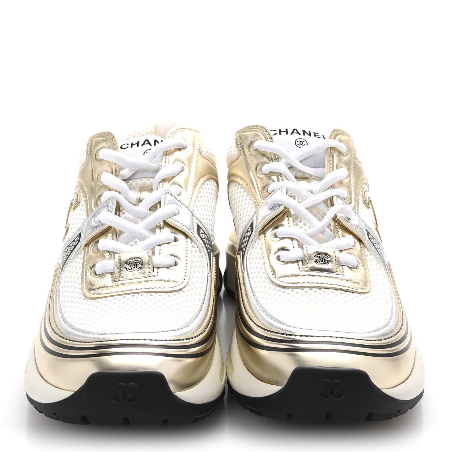 Fabric Laminated Calfskin Stretch CC Womens Sneakers 38.5 White Gold Silver