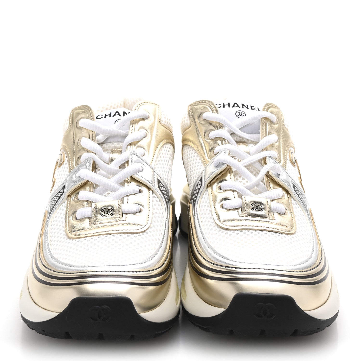 Chanel Fabric Laminated Calfskin Stretch CC Womens Sneakers 38.5 White Gold Silver 3 of 10