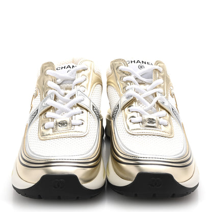 Chanel Fabric Laminated Calfskin Stretch CC Womens Sneakers 38.5 White Gold Silver 3 of 10