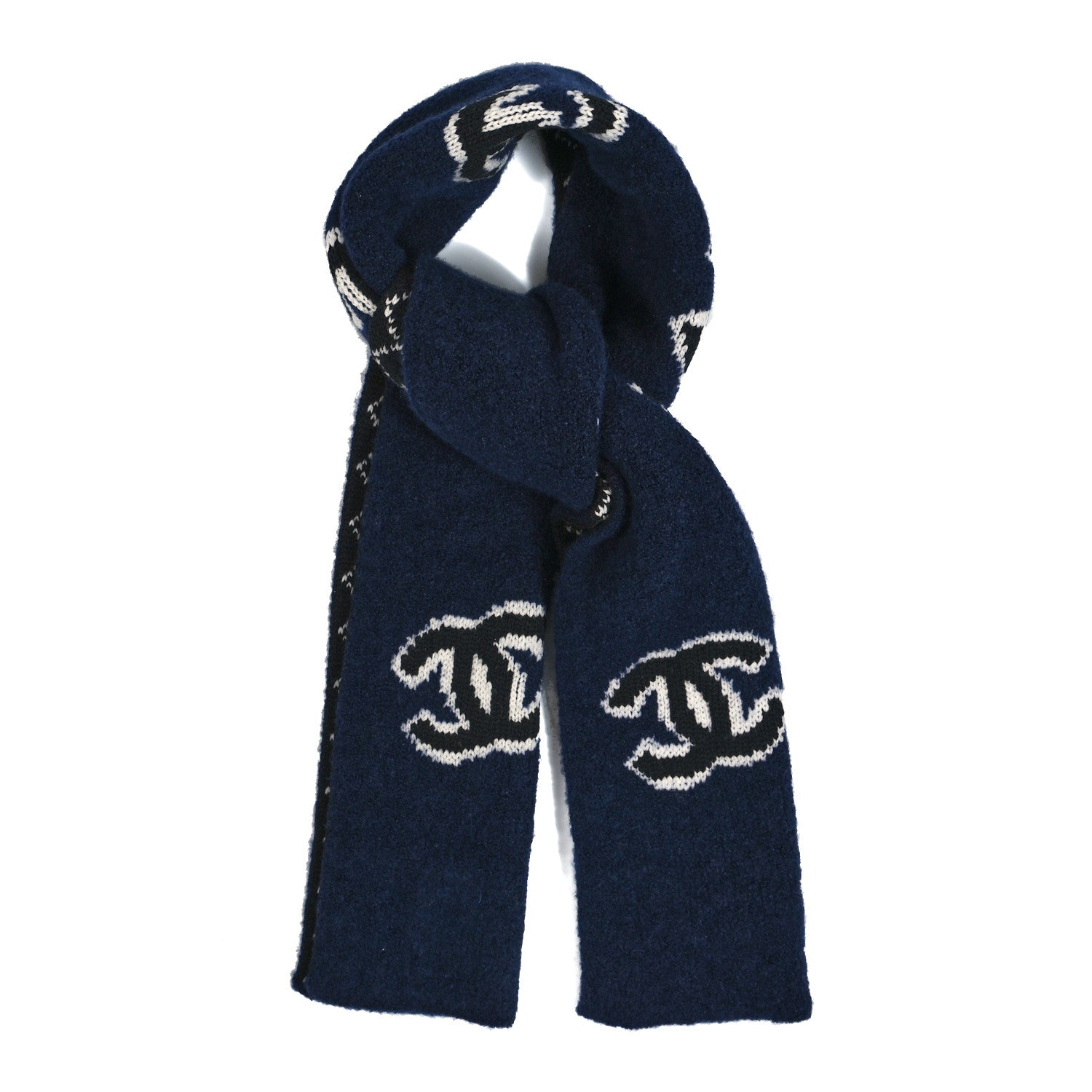 Chanel Wool Cashmere Silk CC Scarf Navy White 1 of 4