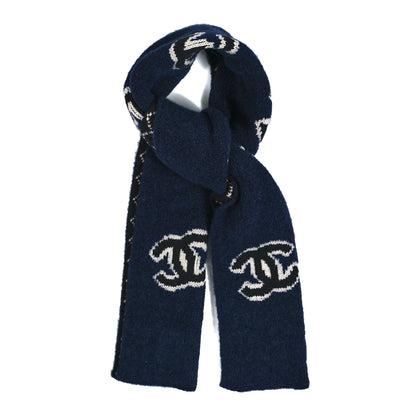 Chanel Wool Cashmere Silk CC Scarf Navy White 1 of 4