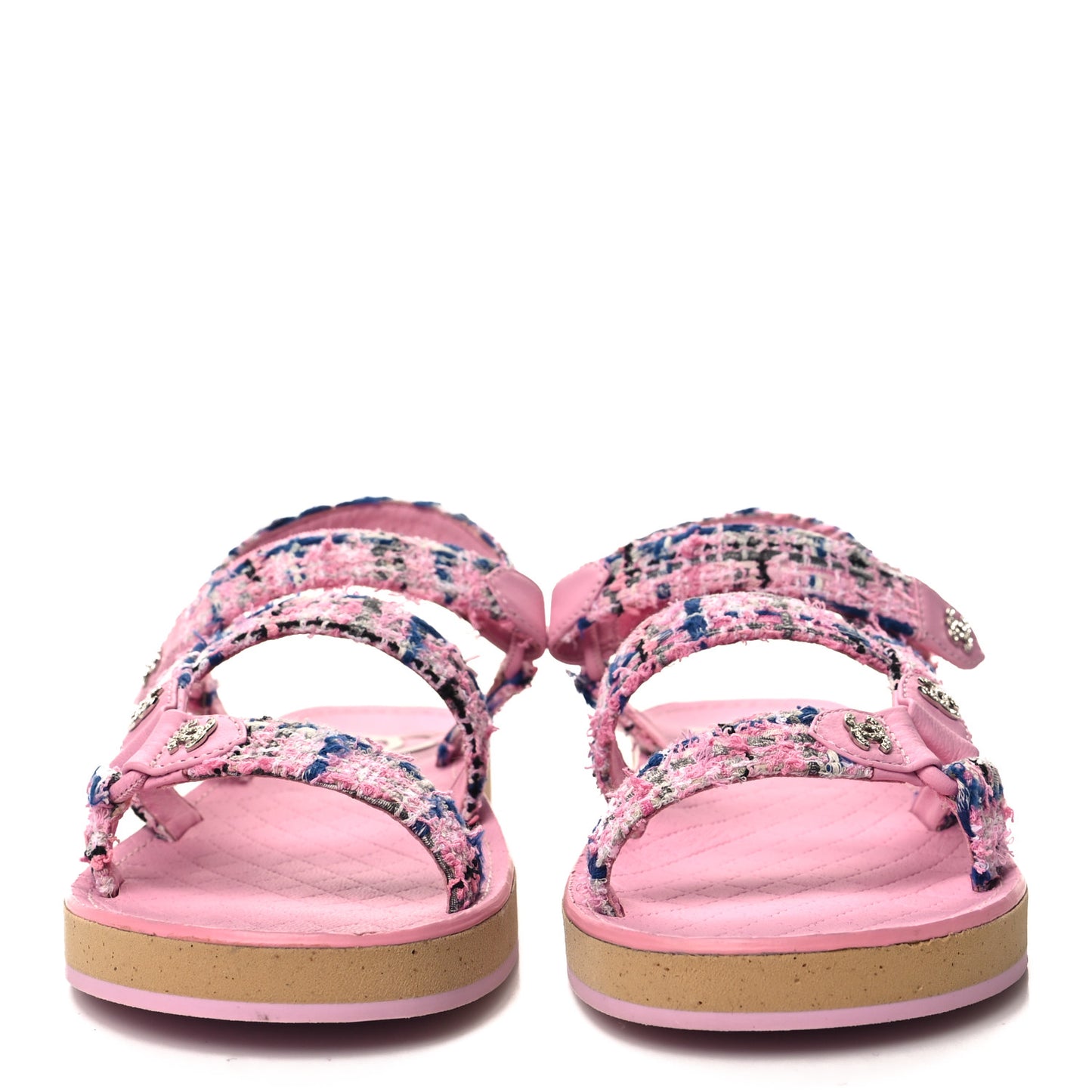 Tweed Lambskin Crystal CC Sandals 38.5 Pink Multicolor