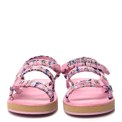 Chanel Tweed Lambskin Crystal CC Sandals 38.5 Pink Multicolor 2 of 8
