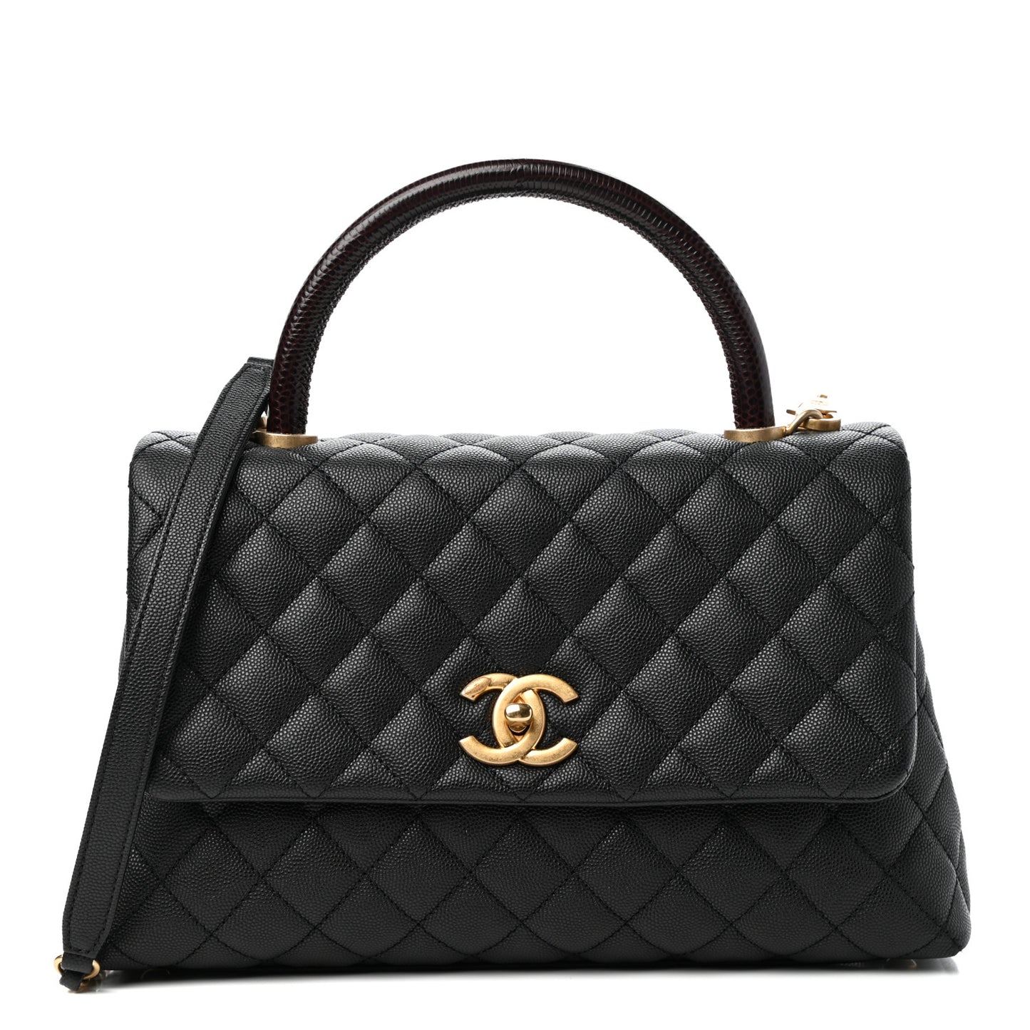 Caviar Lizard Embossed Quilted Small Coco Handle Flap Black