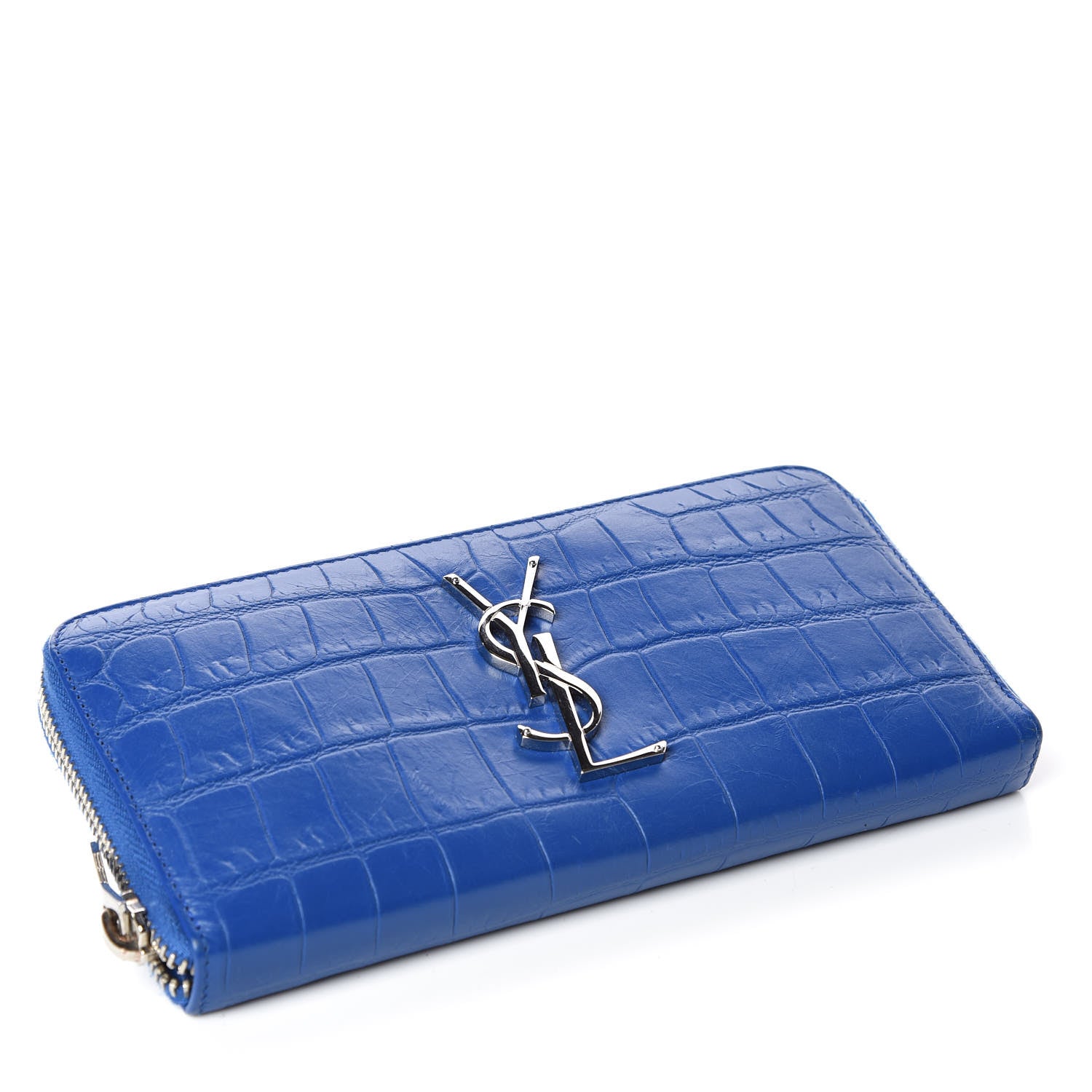 Saint Laurent Calfskin Crocodile Embossed Monogram Zip Around Wallet Royal Blue 4 of 9