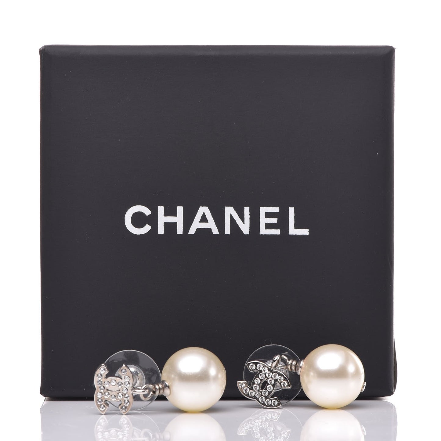 Crystal Pearl CC Drop Earrings Silver Pearly White