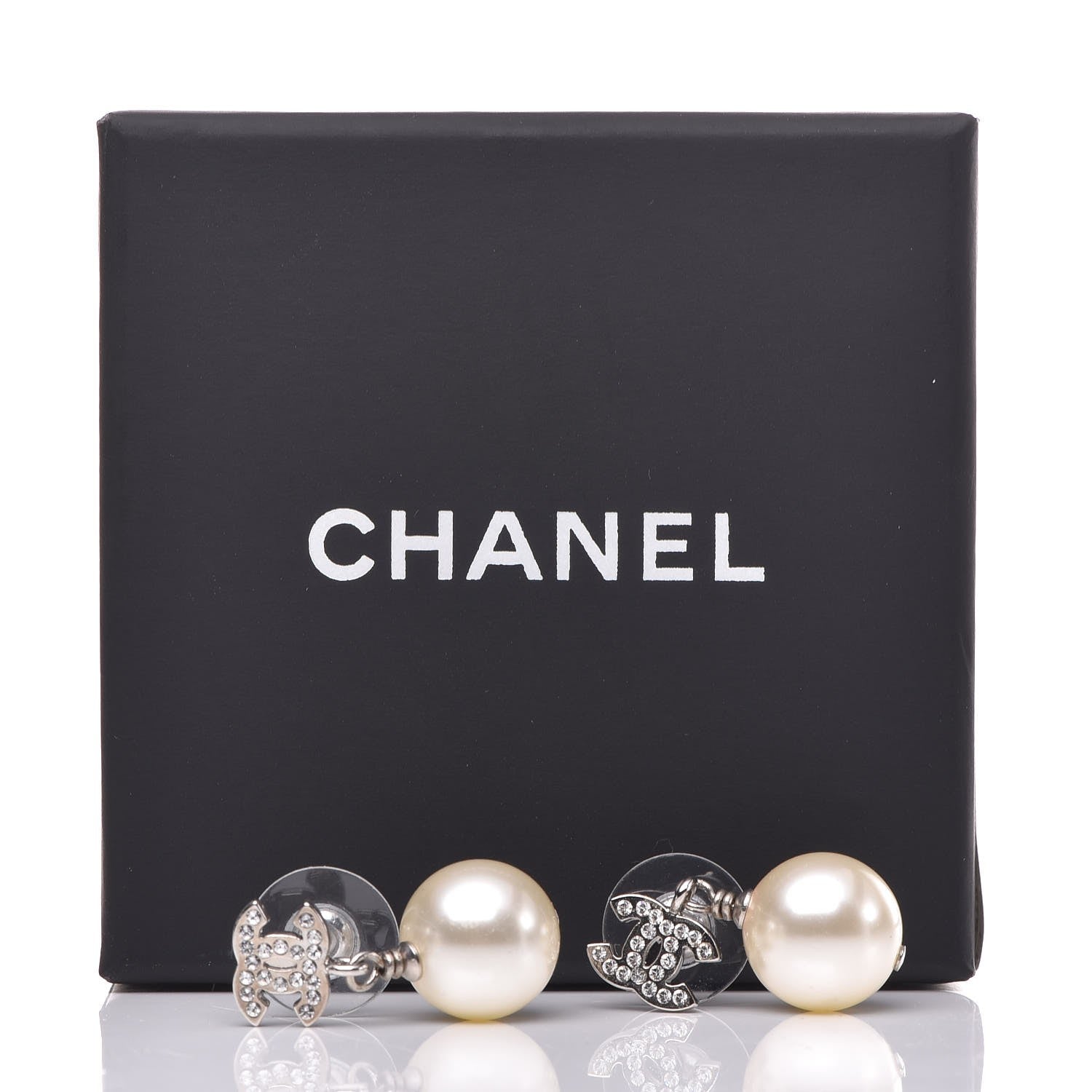 Chanel Crystal Pearl CC Drop Earrings Silver Pearly White 5 of 5
