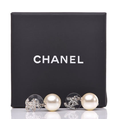 Chanel Crystal Pearl CC Drop Earrings Silver Pearly White 5 of 5