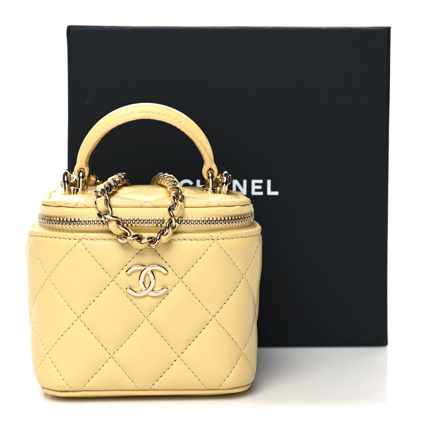 Lambskin Quilted Top Handle Mini Vanity Case With Chain Yellow