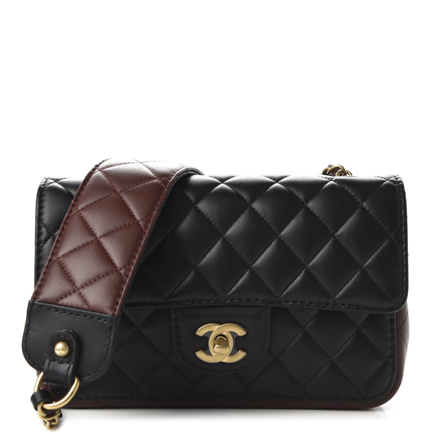 Chanel Calfskin Quilted Small Strap Into Flap Bag Black Brown 1 of 11