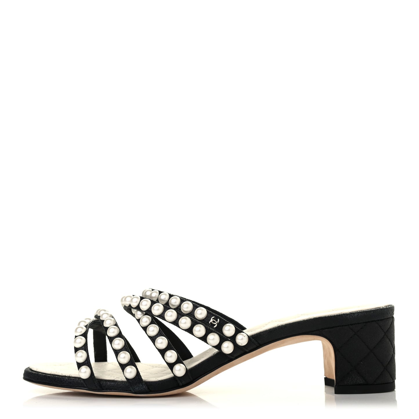 Goatskin Quilted Pearl Mule Sandals 38.5 Black