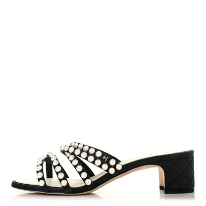 Chanel Goatskin Quilted Pearl Mule Sandals 38.5 Black 1 of 4