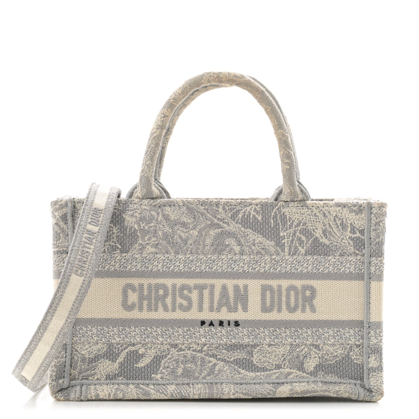 Canvas Embroidered Toile De Jouy Reverse Mini Book Tote With Strap Grey