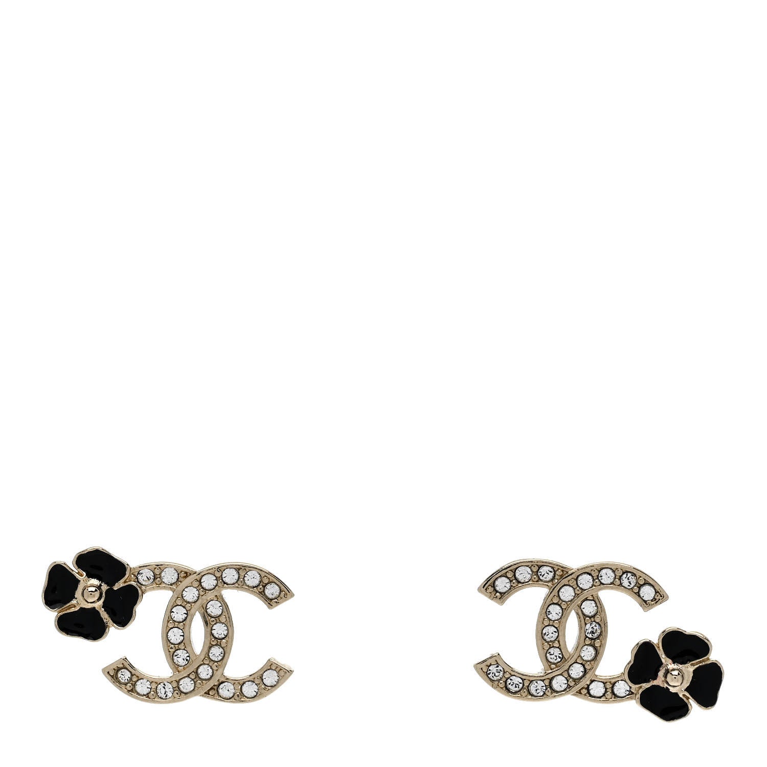 Chanel Metal Resin Crystal CC Flower Earrings Black Gold 1 of 5