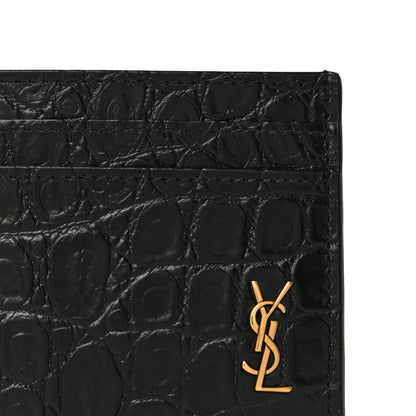Saint Laurent Calfskin Crocodile Embossed Monogram Tiny Cassandra Credit Card Case Black 8 of 11