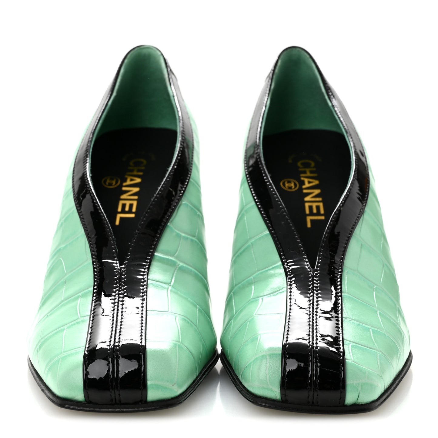 Crocodile Embossed Patent Calfskin Pumps 38.5 Green Black