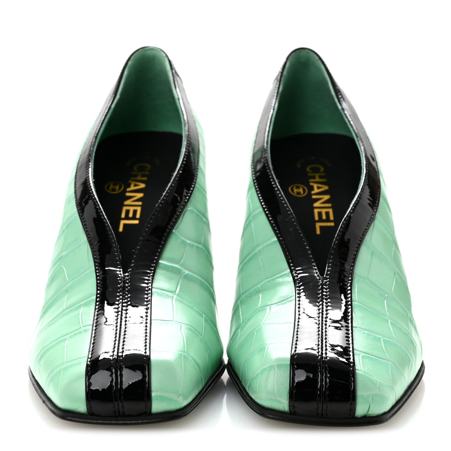 Chanel Crocodile Embossed Patent Calfskin Pumps 38.5 Green Black 3 of 10