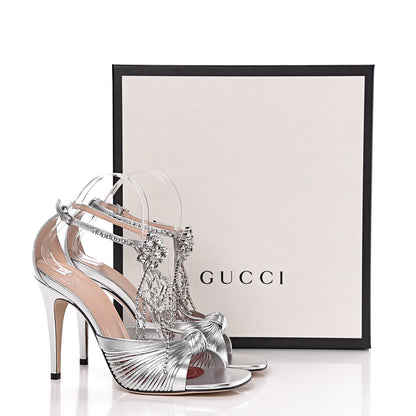 Gucci Metallic Nappa Crystal Crawford Strap High Heel Sandals 38.5 Silver 12 of 12