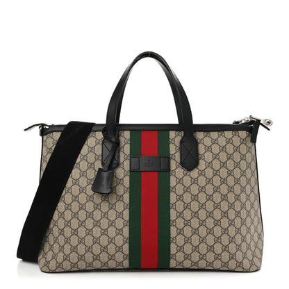 Gucci GG Supreme Monogram Web Medium Zippered Tote Beige Black 1 of 12