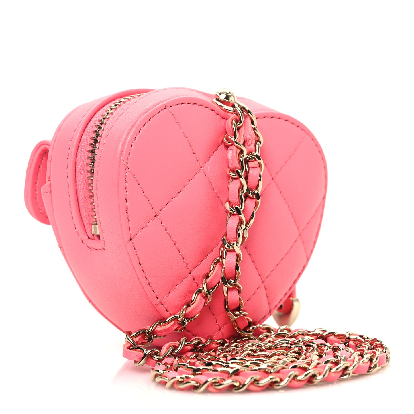 Lambskin Quilted CC In Love Heart Coin Purse With Chain Pink