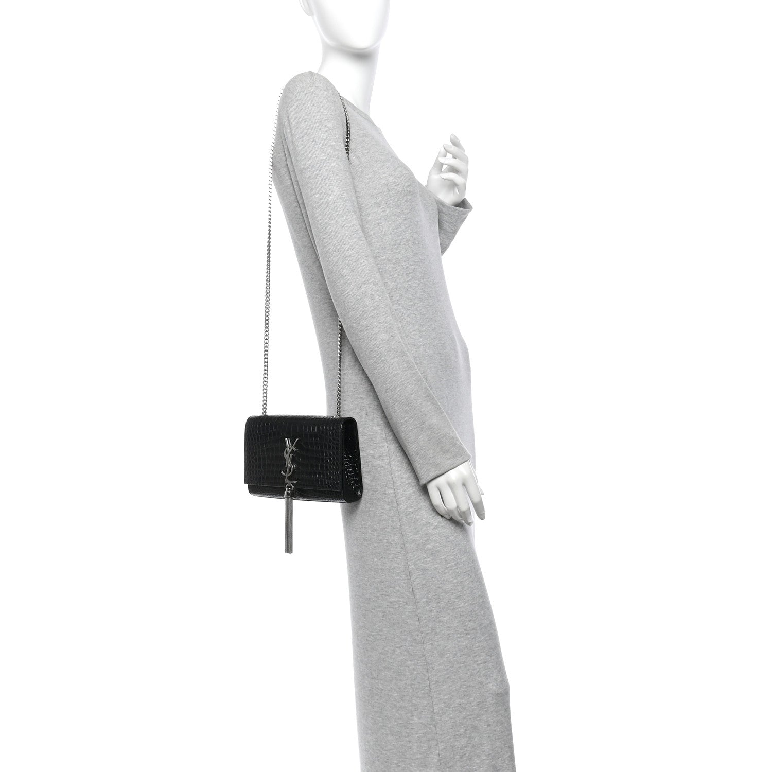 Saint Laurent Calfskin Crocodile Embossed Small Classic Monogram Kate Tassel Satchel Black 2 of 13