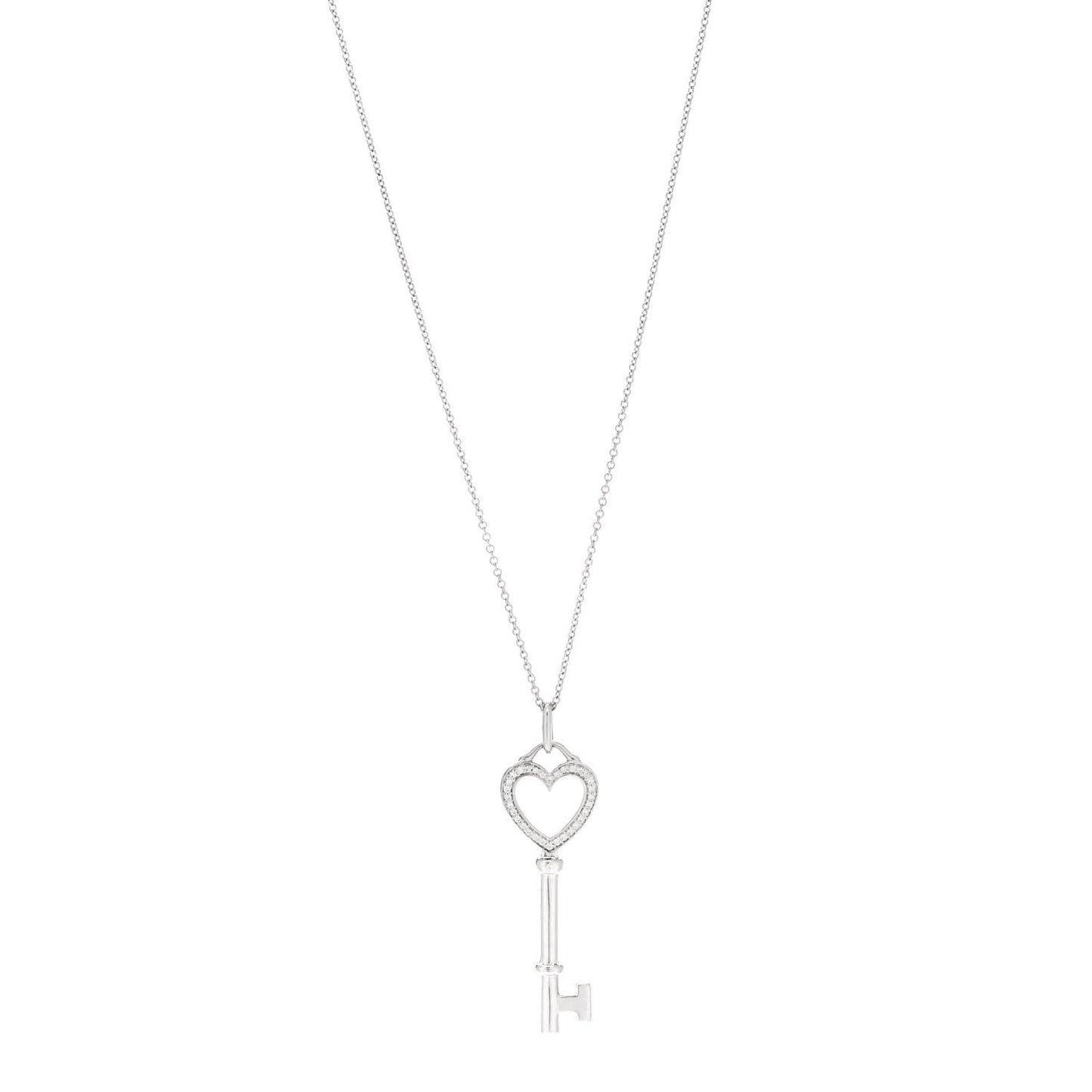 18K White Gold Diamond Medium Heart Key Pendant Necklace