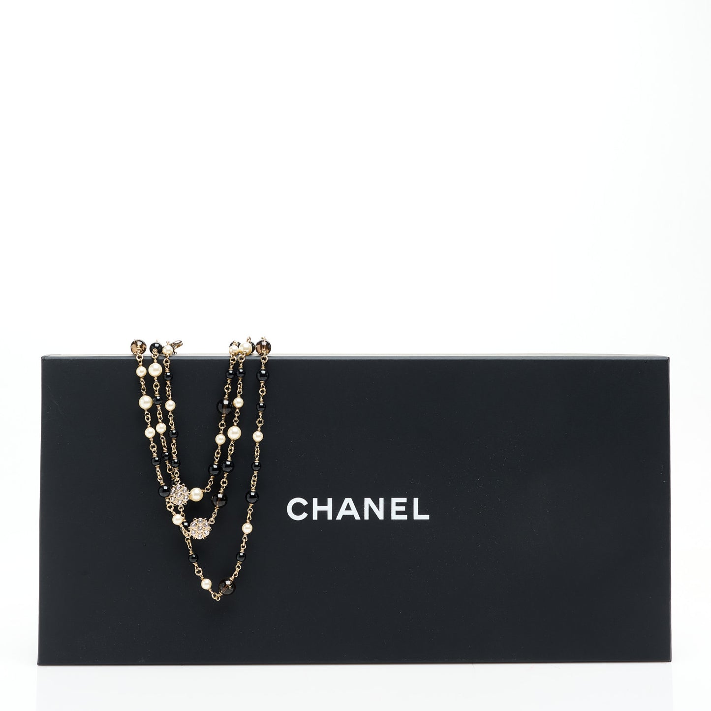 Pearl Crystal Bead CC Long Necklace Black Gold