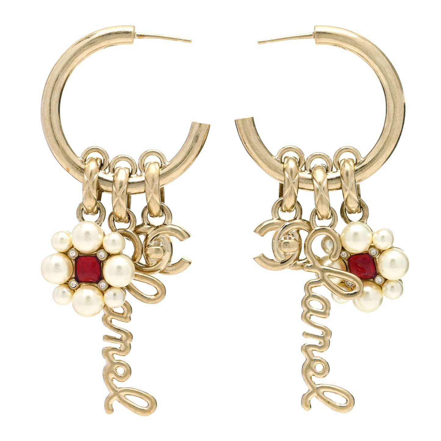 Crystal Pearl CC Turnlock Climber Hoop Earrings Gold Red Pearly White