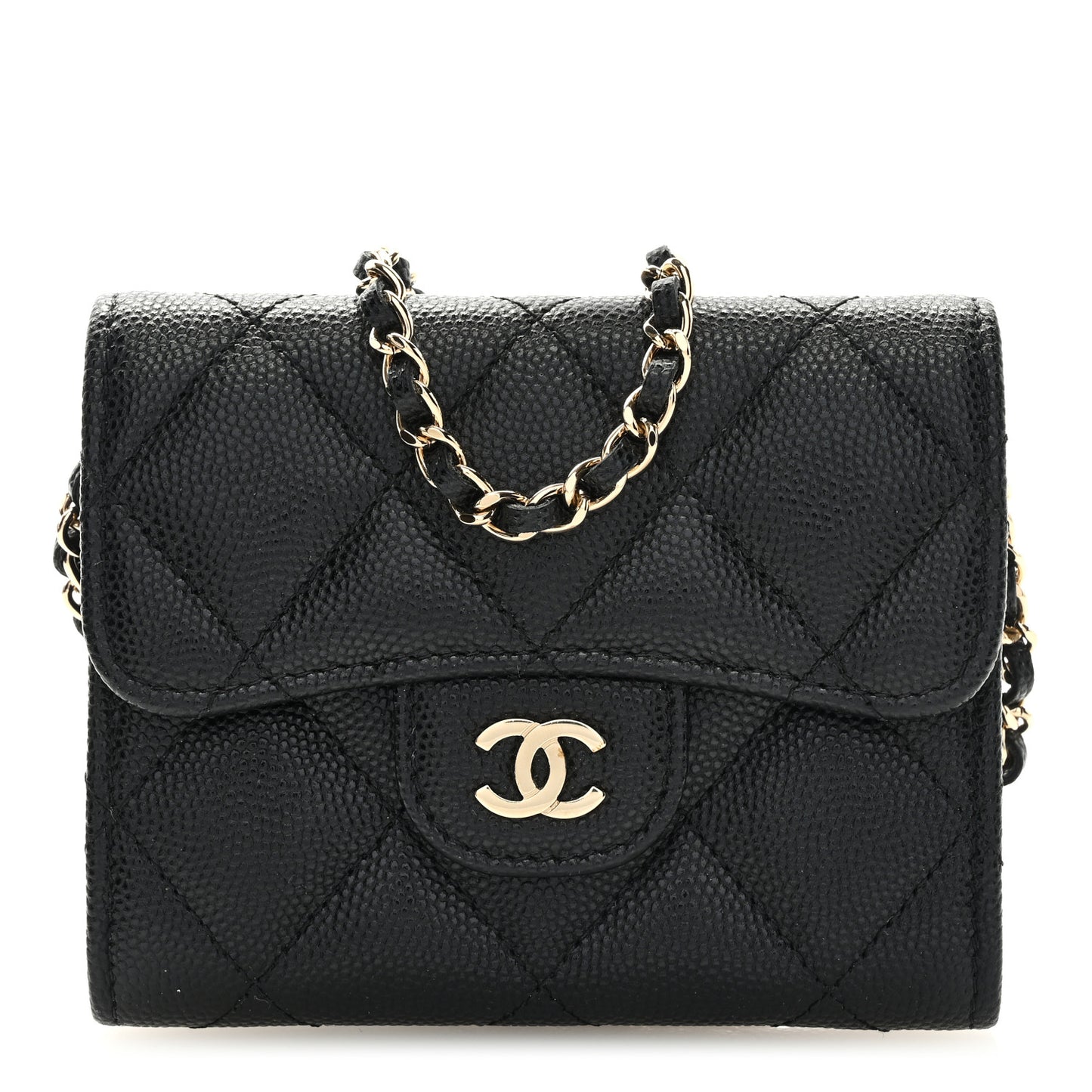 Caviar Quilted Flap Card Holder On Chain Black